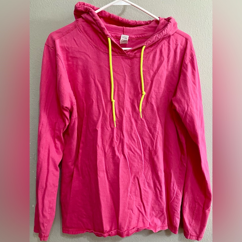 Anvil Pink Hoodie with Yellow Drawstrings